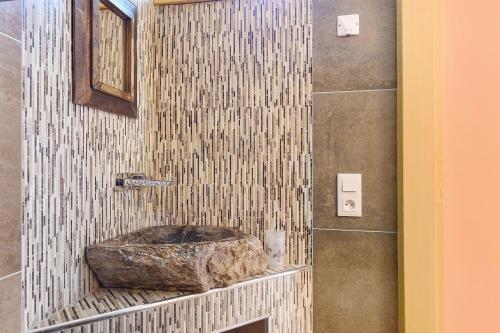 a bathroom with a shower with a stone tub at Domaine du chemin Royale in Saint-Germain