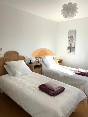 a bedroom with two beds and a chandelier at Appt Ortolans - Hossegor centre - Terrasse - Park in Hossegor