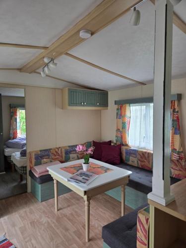 a living room with a table and a couch at Sonjas Camping & Stugor in Löttorp