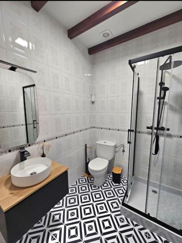 a bathroom with a toilet and a sink and a shower at Casa Gelín Verde in Santillana del Mar