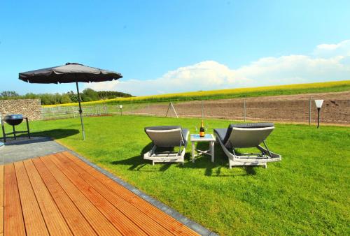 a table and two chairs and an umbrella on a lawn at VILLA AQUILA _ EG_Fewo in Göhren-Lebbin