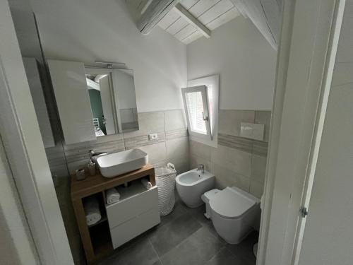 a bathroom with a sink and a toilet and a mirror at Le Nogare in Abano Terme