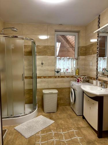 a bathroom with a shower and a sink and a washing machine at Domek Gierczyn 16 in Gierczyn