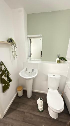 a bathroom with a white toilet and a sink at Sheffield city centre apartment in Midland