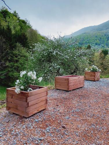 three wooden planters with flowers in them on a hill at Al Foér Guesthouse in Averara