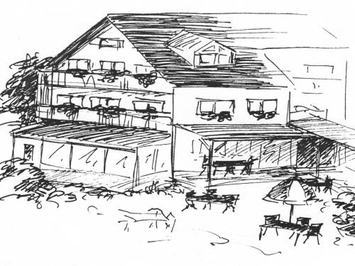 a black and white drawing of a house at Café Pension Leistner in Obertrubach
