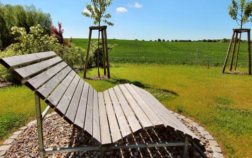 a wooden bench sitting in a field of grass at Villa Anima in Göhren-Lebbin