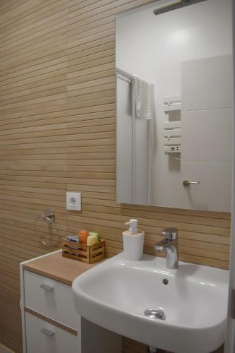 a bathroom with a white sink and a mirror at La Jara Rosa in Los Navalucillos