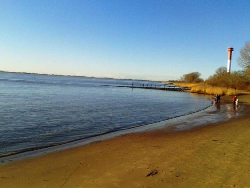 a beach with two people standing on the shore at Best of Kollmar - Apartment mit Terrasse für 2 Personen absolut ruhig in Kollmar