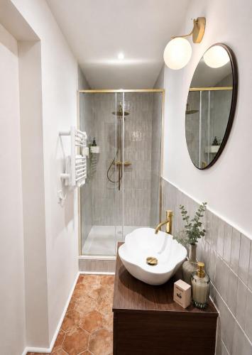 a bathroom with a sink and a shower at L'Escapade Mussipontaine in Pont-à-Mousson