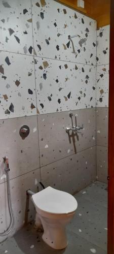 a bathroom with a toilet and a wall with hearts at Wonderville Villa in Cuncolim