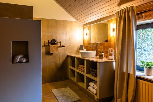 ein kleines Badezimmer mit Waschbecken und Ablagefläche in der Unterkunft B&B Sapere in Genoelselderen