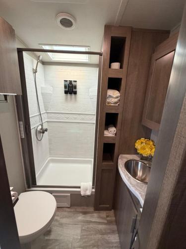 a small bathroom with a shower and a sink at Paradise RV in Tampa