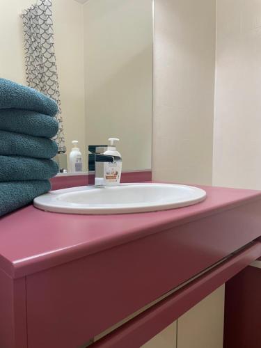 a bathroom with a white sink with a mirror at Appartement en bord de lac in Malbuisson