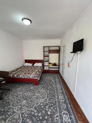 a bedroom with a bed and a tv and a rug at Hotel Parus in Balykchy