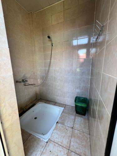 a bathroom with a shower with a bath tub at Hotel Parus in Balykchy
