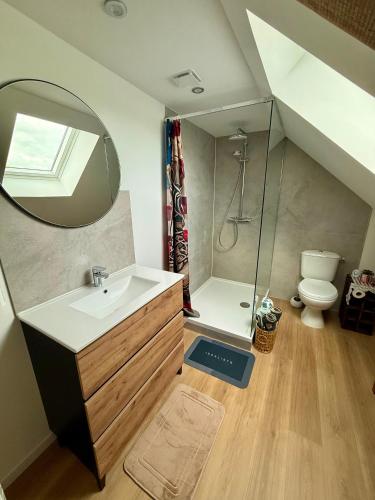 a bathroom with a sink and a shower with a mirror at Comme en 40 in La Lande-sur-Drôme
