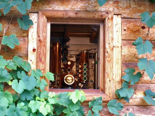a window on a wooden building with a camera at Primushäusl Gästehaus in Strobl