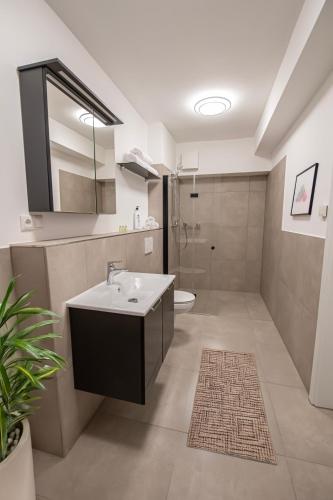 a bathroom with a sink and a toilet at Kaya Residence Hotel in Bad Kreuznach