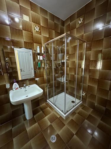 a bathroom with a sink and a shower at Villa Chiara in Piscopio