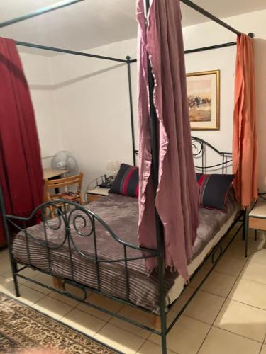 a bedroom with a four poster bed with pink sheets at Beau Rez de Jardin in Ariana