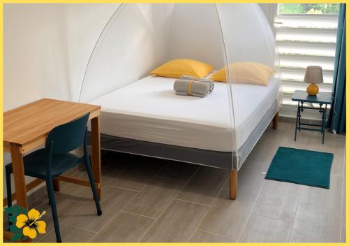 a bed in a small room with a table and a desk at Chambre Carnaval Abymes Guadeloupe in Les Abymes