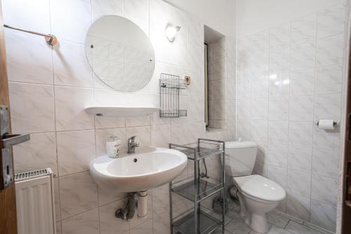 ein Badezimmer mit Waschbecken, Toilette und Spiegel in der Unterkunft Hotel Jaro in Mělník