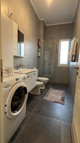 a bathroom with a washing machine and a toilet at Agnesa Apartament in Gramsh