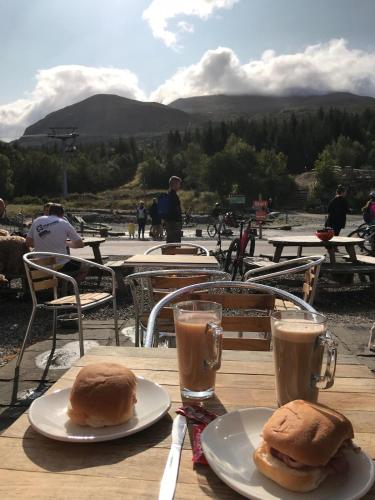 two plates of food on a wooden table with drinks at Cool Getaway in Appin in Portnacroish