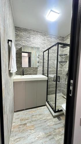 a bathroom with a sink and a glass shower at Beach Apartment Chakvi in Chakvi
