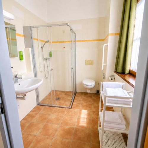 a bathroom with a shower and a toilet and a sink at JUFA Hotel Schloss Röthelstein in Admont