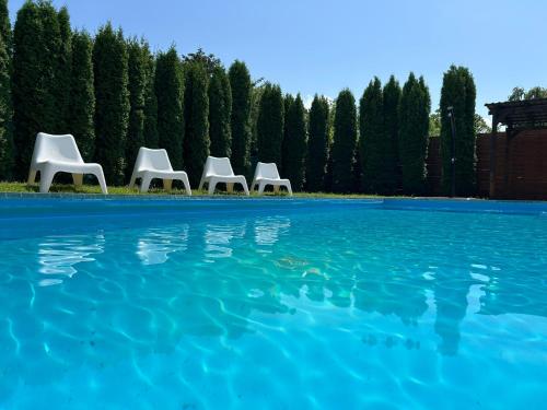 four white chairs sitting in a pool of water at Balaton Bloom 24 in Siófok