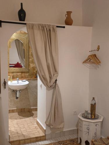 a bathroom with a shower curtain and a sink at Riad Patio des Amis Marrakech in Marrakesh