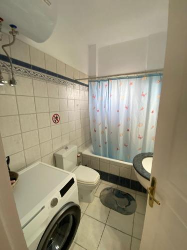 ein Badezimmer mit Toilette und Waschmaschine in der Unterkunft Evia Blue by Sofia in Lefkandi Chalkida
