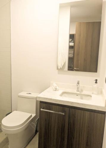 a bathroom with a toilet and a sink and a mirror at Increible departamento en Punto Sur in Los Gavilanes