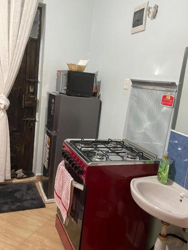 a kitchen with a stove and a sink in it at Kilifi Studio in Kilifi