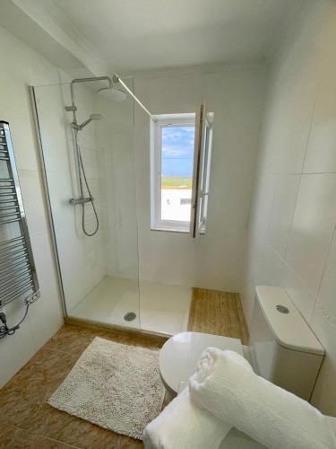 a bathroom with a shower and a toilet and a window at Sol Dorado in Ferrero