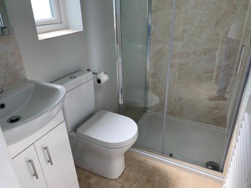 a bathroom with a shower and a toilet and a sink at Artists Cottages Artists Loft near Hornbeam Park Free Parking in Harrogate
