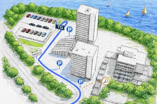 a drawing of a building with a road and the water at Traumblick auf‘s Meer in Sierksdorf