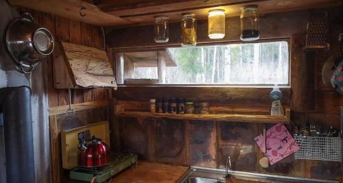 a kitchen with a sink and a window in a room at Rustic Cabin on Off-Grid Homestead in Brattfors