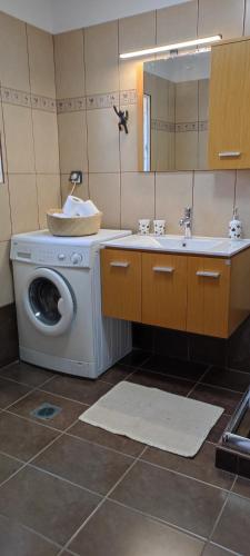 a bathroom with a washing machine and a sink at Ionian Casa Azul in Karavomylos