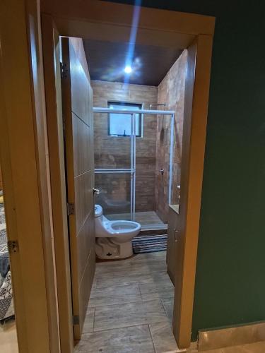 a bathroom with a shower and a toilet in it at Estancia Mirador Reyes- Casa de la Montaña in Zamora