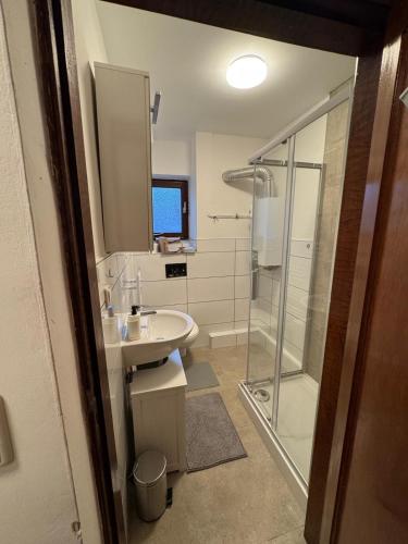 a bathroom with a sink and a glass shower at Haven Lodge Komfortable Unterkunft für Monteure, Firmen und Gruppen in Bremerhaven in Bremerhaven