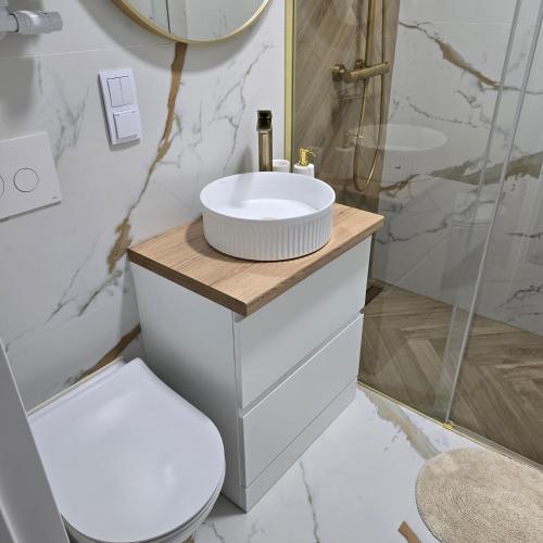 a bathroom with a sink and a toilet and a shower at Apartament "Agatka" in Hel