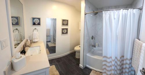a bathroom with a shower and a sink and a toilet at Lake View Escape! in West Kelowna