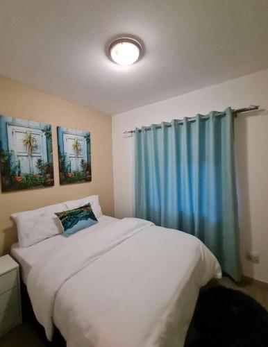a bedroom with a large white bed with a blue curtain at Modern 2 Bed 1 Bath Apt With Complex Pool in Johannesburg