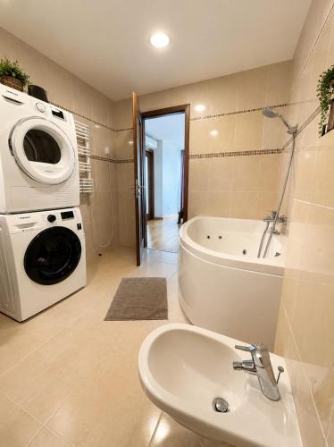 a bathroom with a washing machine and a sink at ToVa Apartamentai in Šventoji