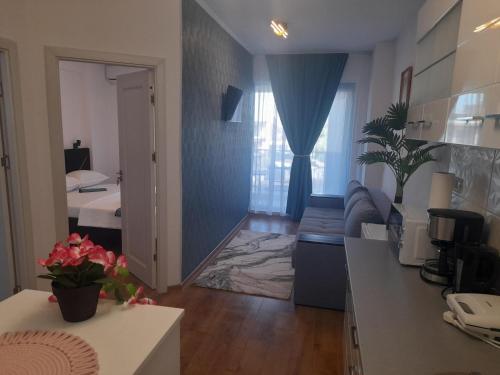 a room with a kitchen and a living room at Apartament Camelia in Saturn