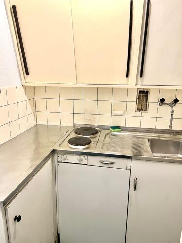a small kitchen with a stove and a sink at Downtown Flats - Lake Lucerne in Lucerne
