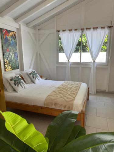 a bedroom with a bed and two windows at Tropical Lodge in Petit-Bourg